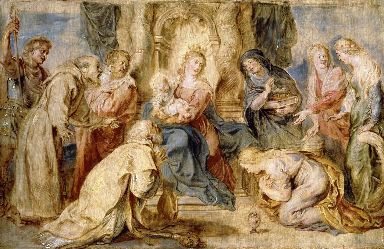 Jungfrun och barnet på tronen älskad av åtta heliga, av Peter Paul Rubens