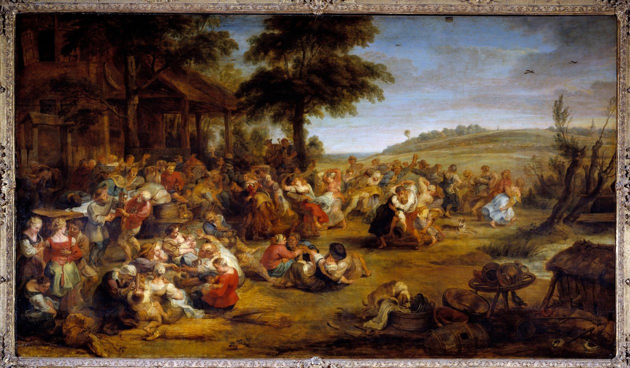 Mässan eller bröllopet i byn. Tabell som representerar ett landsparti. Målning av Pierre Paul (Pierre-Paul) Rubens (eller Peter Paul eller Petrus Paulus) (1577-1640), flamländsk skola, cirka 1635-1638. Olja på trä. Mått: 1,49 X 2,61 m. Musée du Louvren - T av Peter Paul Rubens