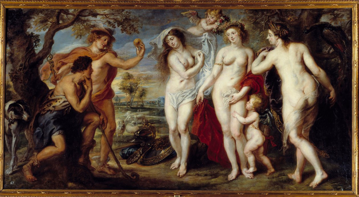 Paris domen Herden Paris måste välja vem han ska ge det gyllene äpplet för att designa den vackraste av de tre gudinnorna, Athena, Afrodite eller Hera. Målning av Pierre Paul (Pierre-Paul) Rubens (eller Peter Paul eller Petrus Paulus) (1577-1640) av Peter Paul Rubens