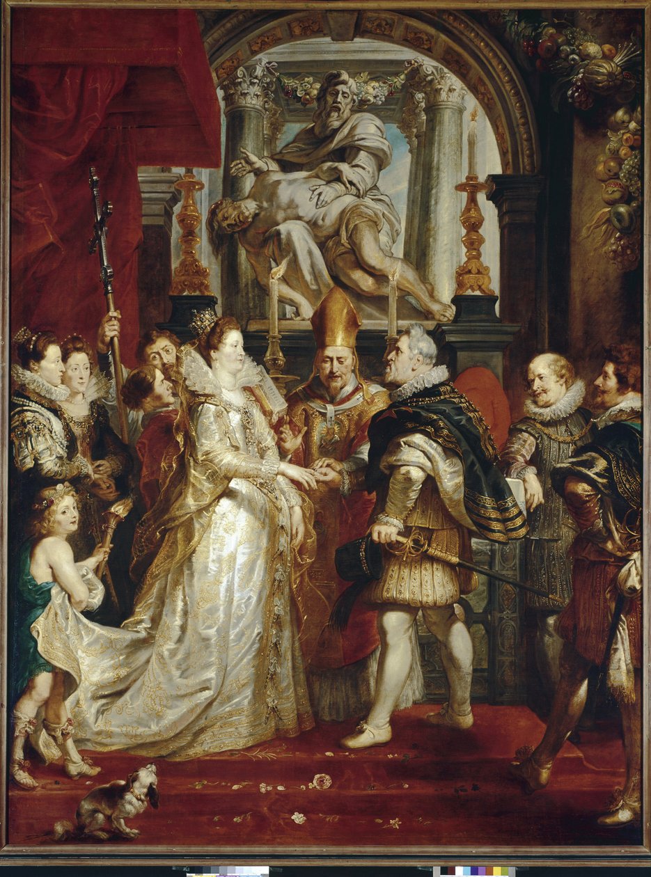 Maria De Medicis och Henrik IV:s äktenskap genom fullmakt (olja på duk av Peter Paul Rubens