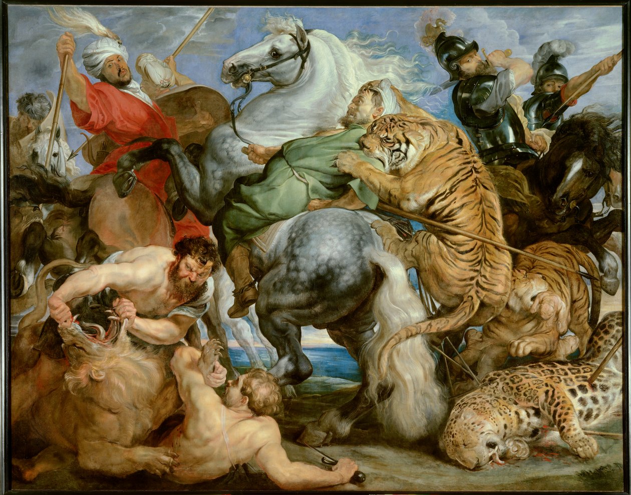 Tigerjakt. Målning av Peter Paul (Peter Paul) Rubens (eller Peter Paul eller Petrus Paulus) (1577-1640)) Ec. Flam, c. 1616. Olja på duk. Sön: 2,56 X 3,24m. Rennes, Museum of Fine Arts — Tigerjakten. Målning av Peter Paul Rubens (eller Petrus Paulus) (157 av Peter Paul Rubens