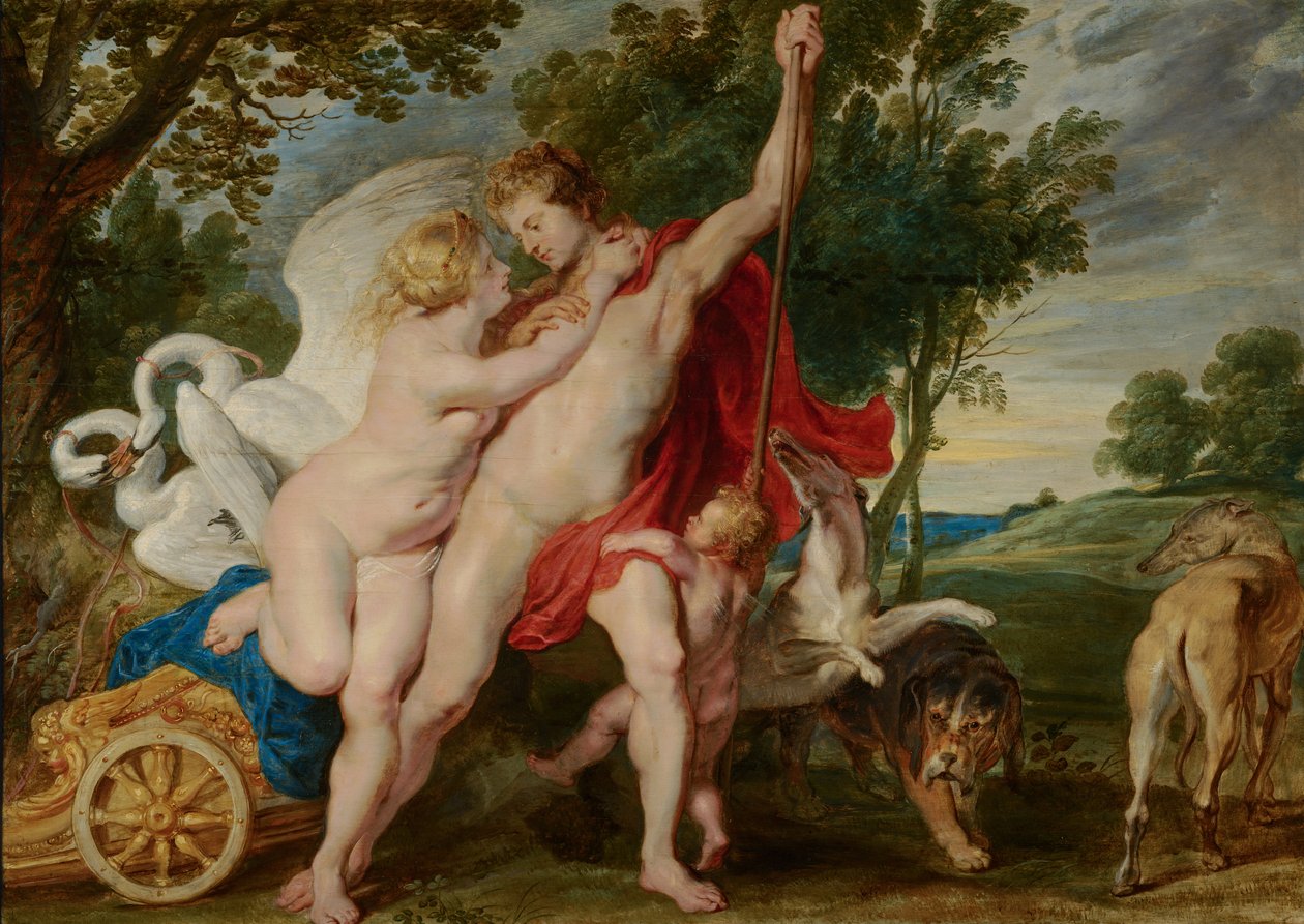 Venus försöker hindra Adonis från att gå på jakt, ca 1600-1700 av Peter Paul Rubens
