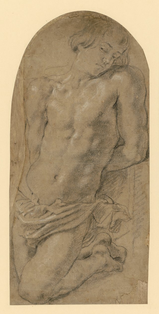 Ung man knäböjer till vänster med händerna bundna bakom ryggen. (Förstudie till Isaac i målningen "Abrahams offer") av Peter Paul Rubens