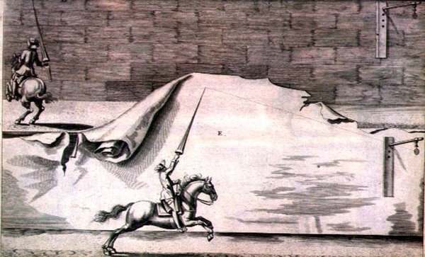 Två kavallerister som tränar med lans från "New Treatise for Breeding Horses" skriven av Winters, Stuterey och Reit-Schul, pub. 1672 (gravyr) av Peter Paul Troschel