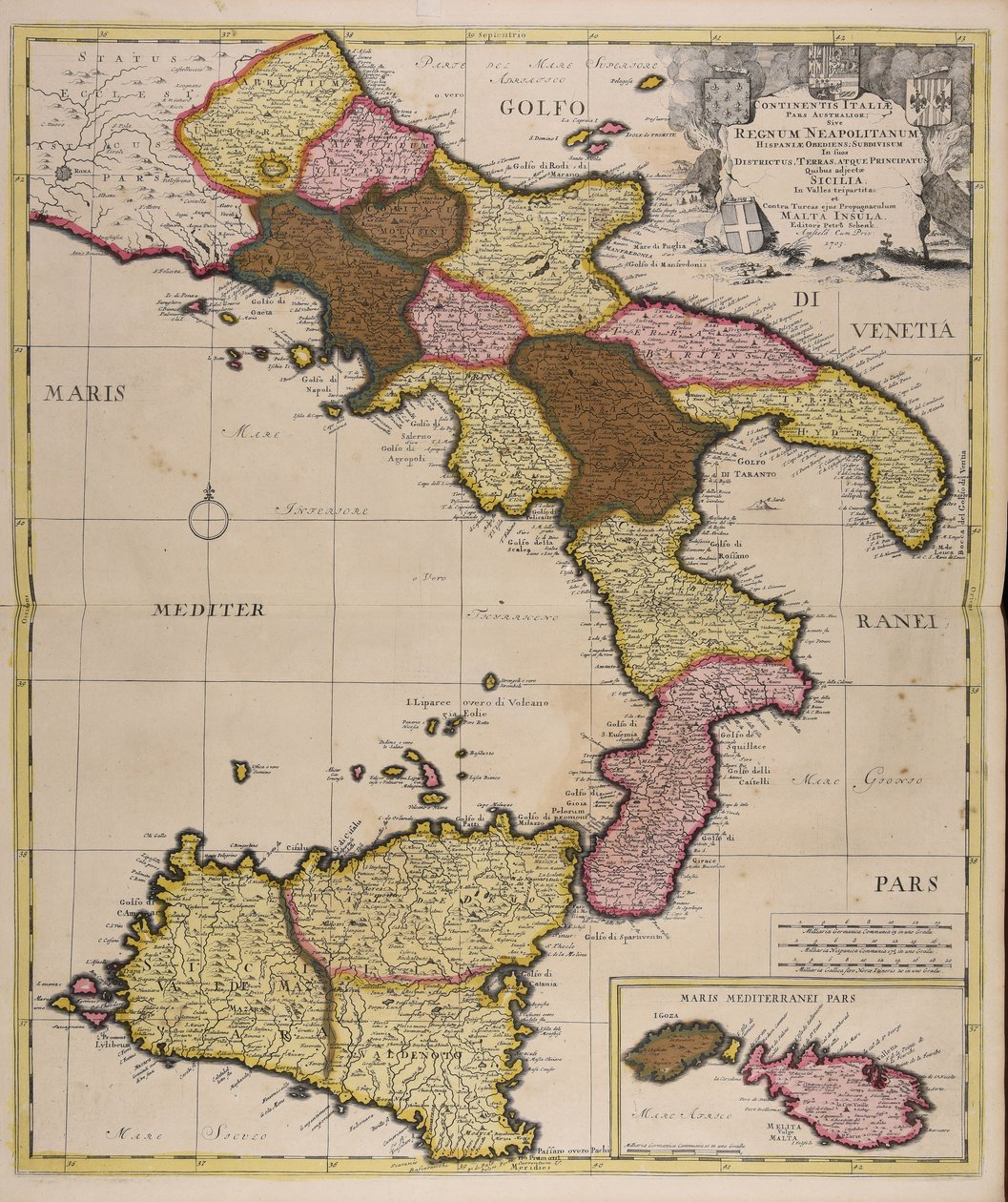 Continentis Italiae pars australior sive regnum Neapolitanum Hispaniae obediens subdivisum in suos districtus terras atque principatus quibus adjectae Sicilia in valles tripartita et contra Turcas ejus propugnaculum Malta insula av Peter Schenk the Elder
