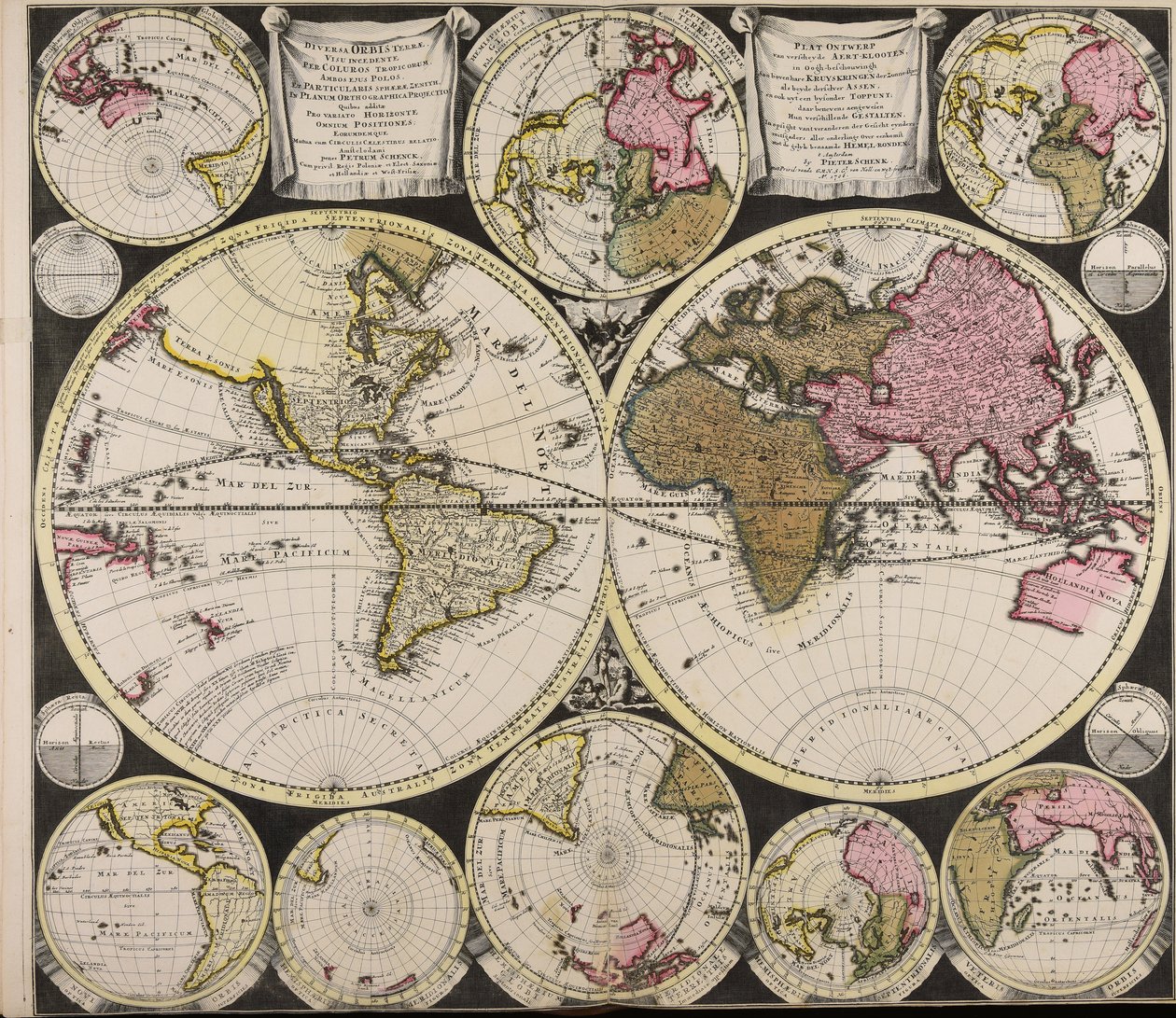Diversa orbis Terrae visu incedente per coluros Tropicorum ambos ejus polos et particularis sphaerae zenith in planum orthographica projectio quibus additae pro variato horizonte omnium positiones eorumdemque mutua cum circulis caelestibus relatio  Plat O av Peter Schenk the Elder
