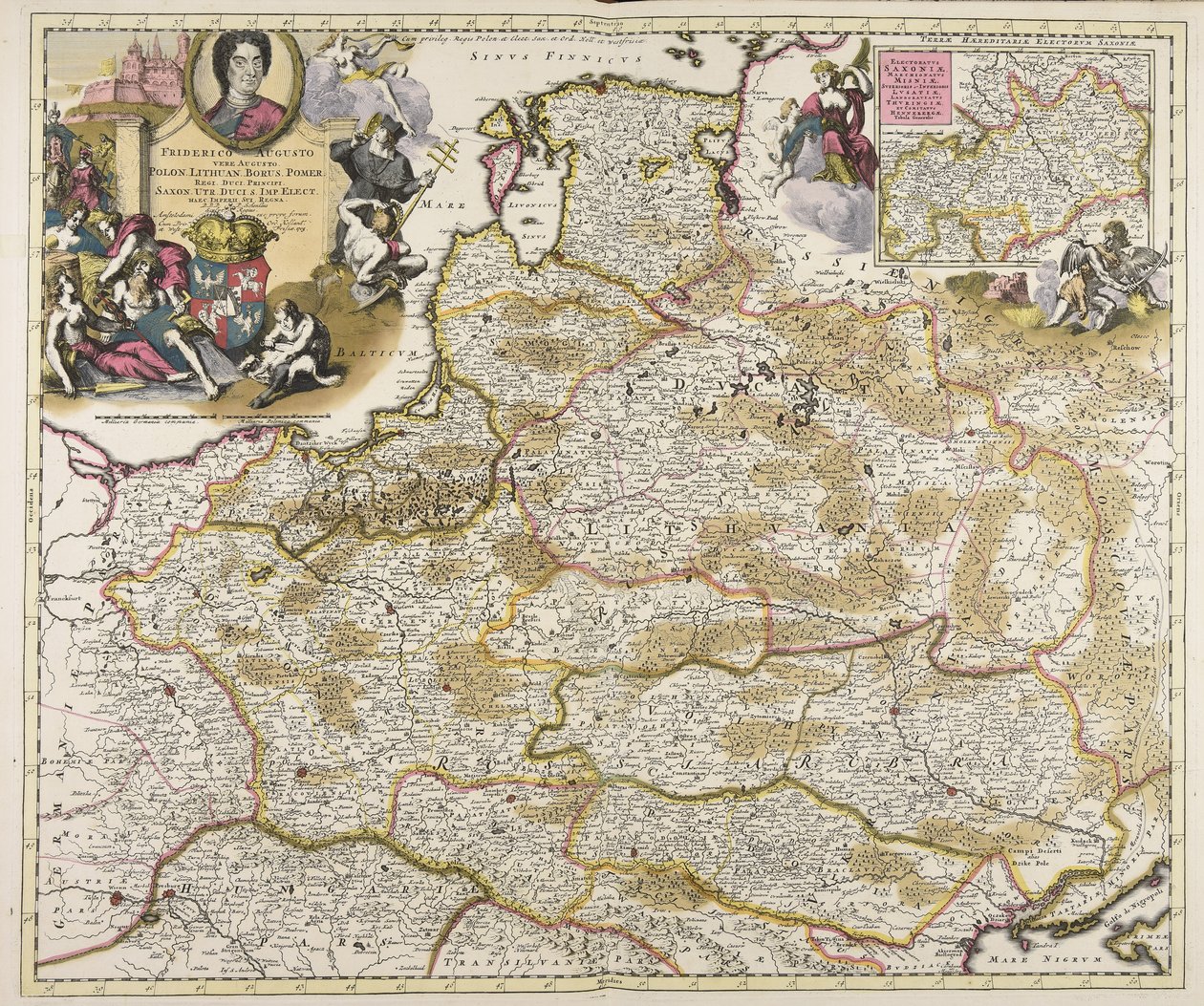 Frideric Augustus kusin Augustus Polon. Litauiska. Borus. Pomer. kungar hertigar prinsar Saxon. Utr. hertigar S. Imp. elect. haec imperii sui regna D.D.D. P. Schenkius sculpt. regius Amstelodami exc. prope forum av Peter Schenk the Elder
