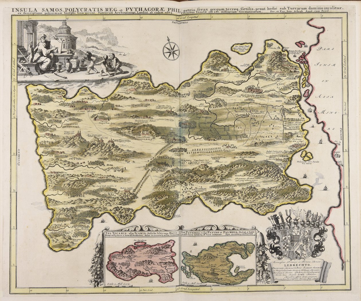Insula Samos Polycratis reg. et Pythagorae phil. patria ferax gregum terraeq. fictilis, prout hodié sub Turcarum dominio incolitur, ex descriptione potissimum Iosephi Georgirene, Samiorum archiepiscopi, Londini ab eodem editá ... / fec. et exc. Petr. Schen av Peter Schenk the Elder