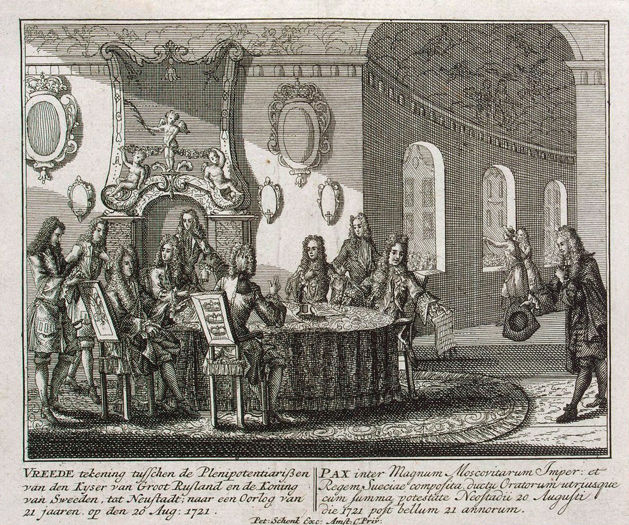 Slutandet av fredsfördraget i Nystad den 20 augusti 1721. av Peter Schenk the Younger