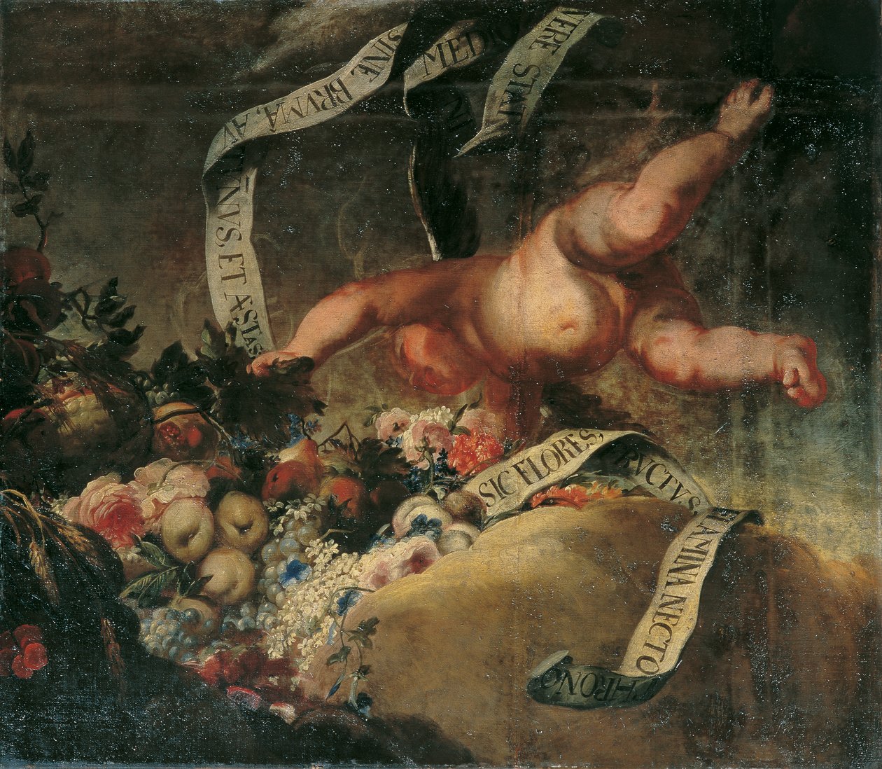 Putto med blommor, frukter och banderoll av Peter Strudel
