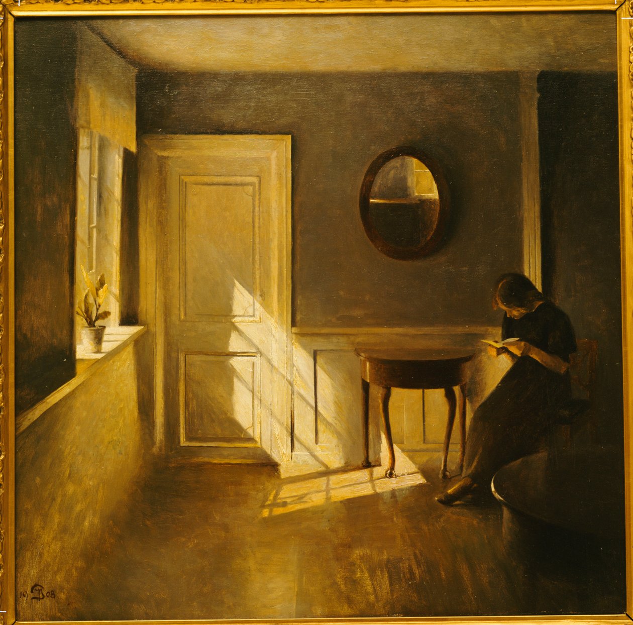 En flicka som läser i en interiör (olja på duk) av Peter Vilhelm Ilsted