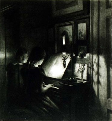 Flickorna vid pianot (mezzotint) av Peter Vilhelm Ilsted