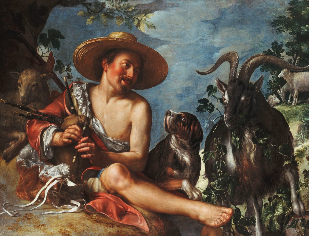 En herde som rör sig på en kulle, en hund och hans flock i närheten, av Peter Wtewael