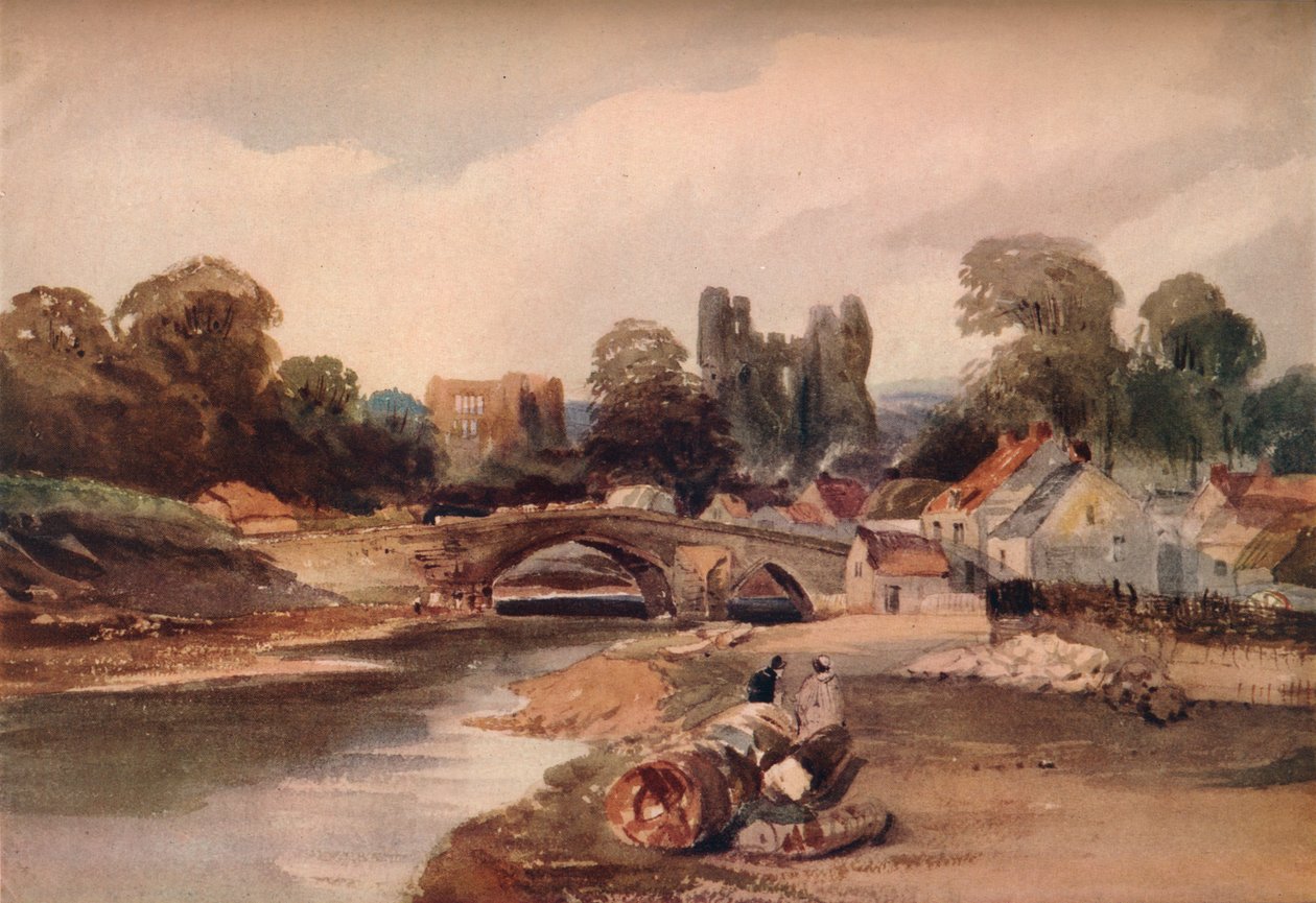 En by vid en flod, med bro och ruiner, c1824 av Peter de Wint