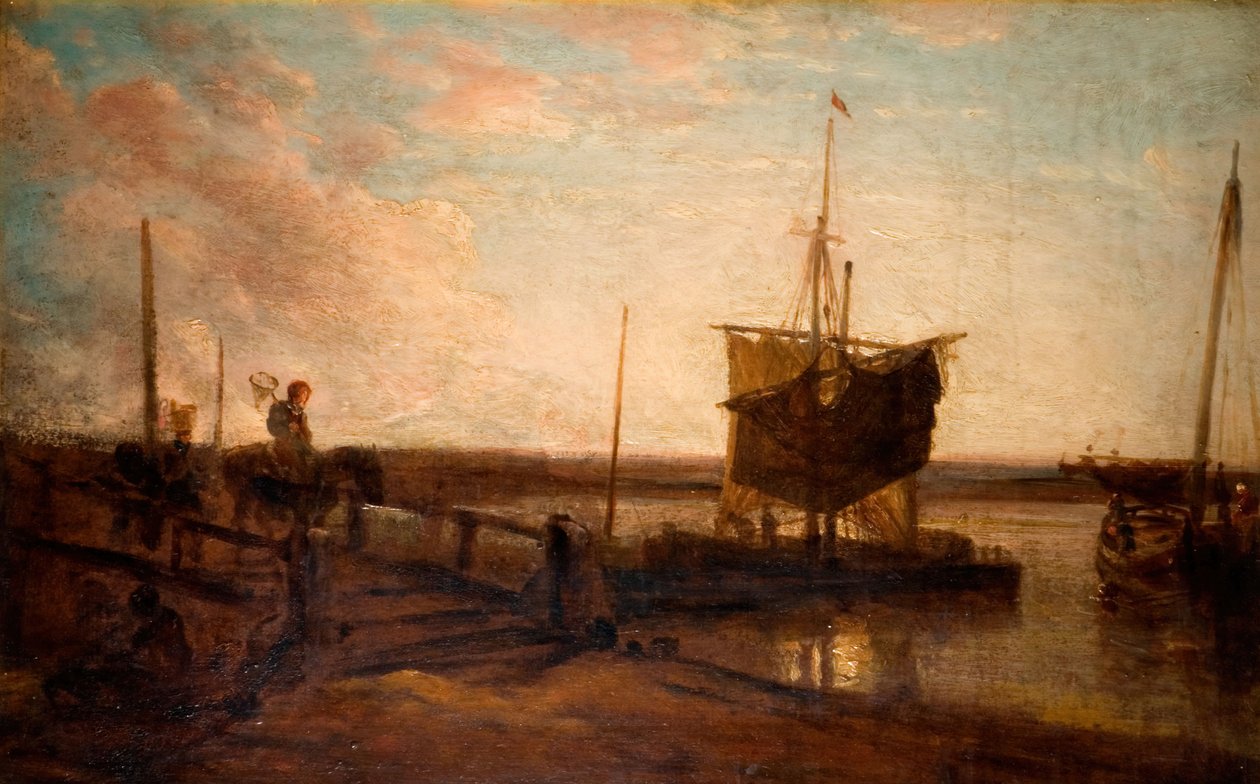 Brygga med båtar, 1800-50. av Peter de Wint