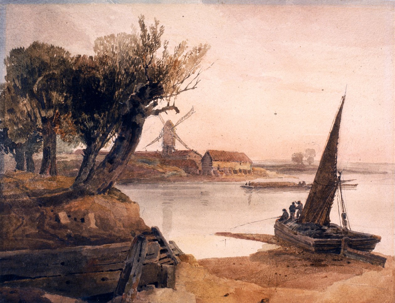 On the River Witham (wc på vävt papper) av Peter de Wint