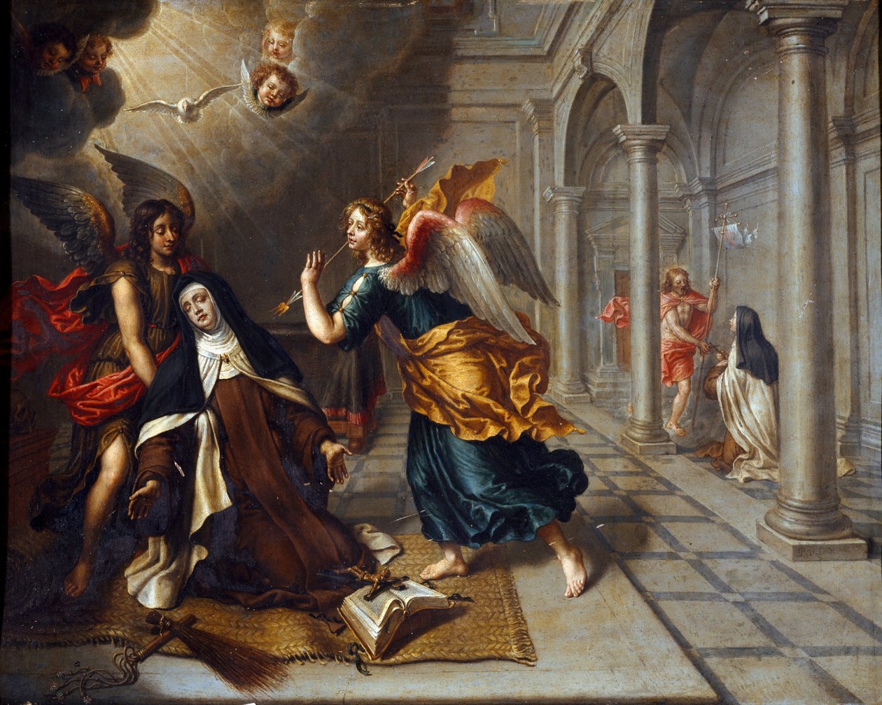 Den heliga Therese av Avila (av barnet Jesus) (1515-1582) möter ängeln som genomborrar hjärtat av sin gyllene darter Målning av Peter Van Lindt (1600-talet) Dim. 85x70 cm Genes, Galleria di Palazzo Bianco av Peter van Lint