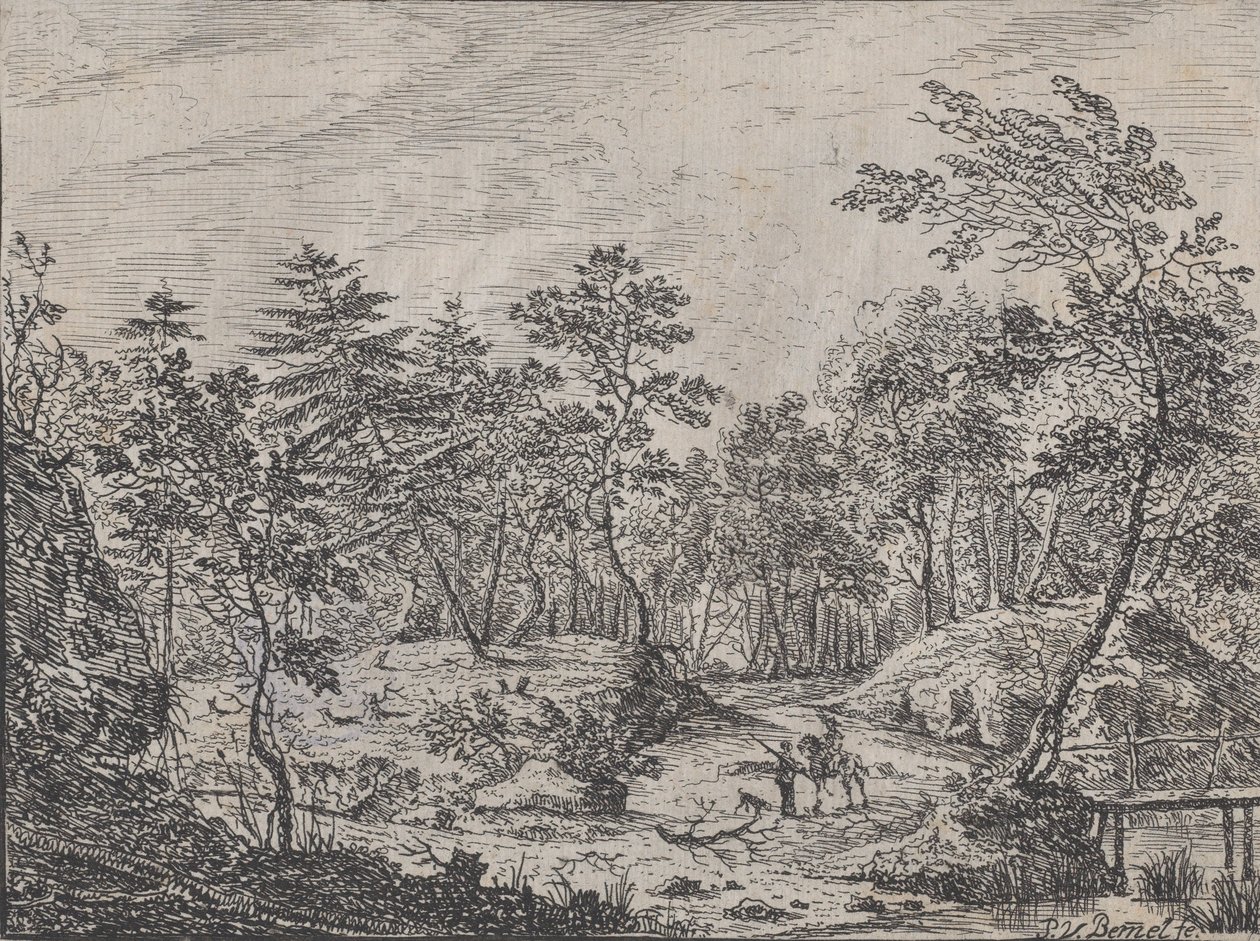 Skogslandskap med en ryttare som samtalar med en man i centrum, en gångbro till höger, 1716. av Peter von Bemmel