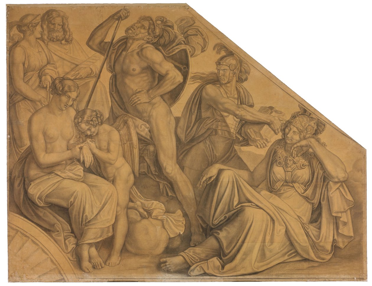 Aphrodite und Ares von Diomedes verwundet. Karton zu den Deckenbildern der Münchner Glyptothek av Peter von Cornelius