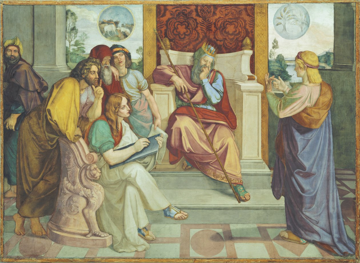 Josef tyder faraos drömmar. Väggmålning ur den åttadelade sviten från Casa Bartholdy i Rom av Peter von Cornelius