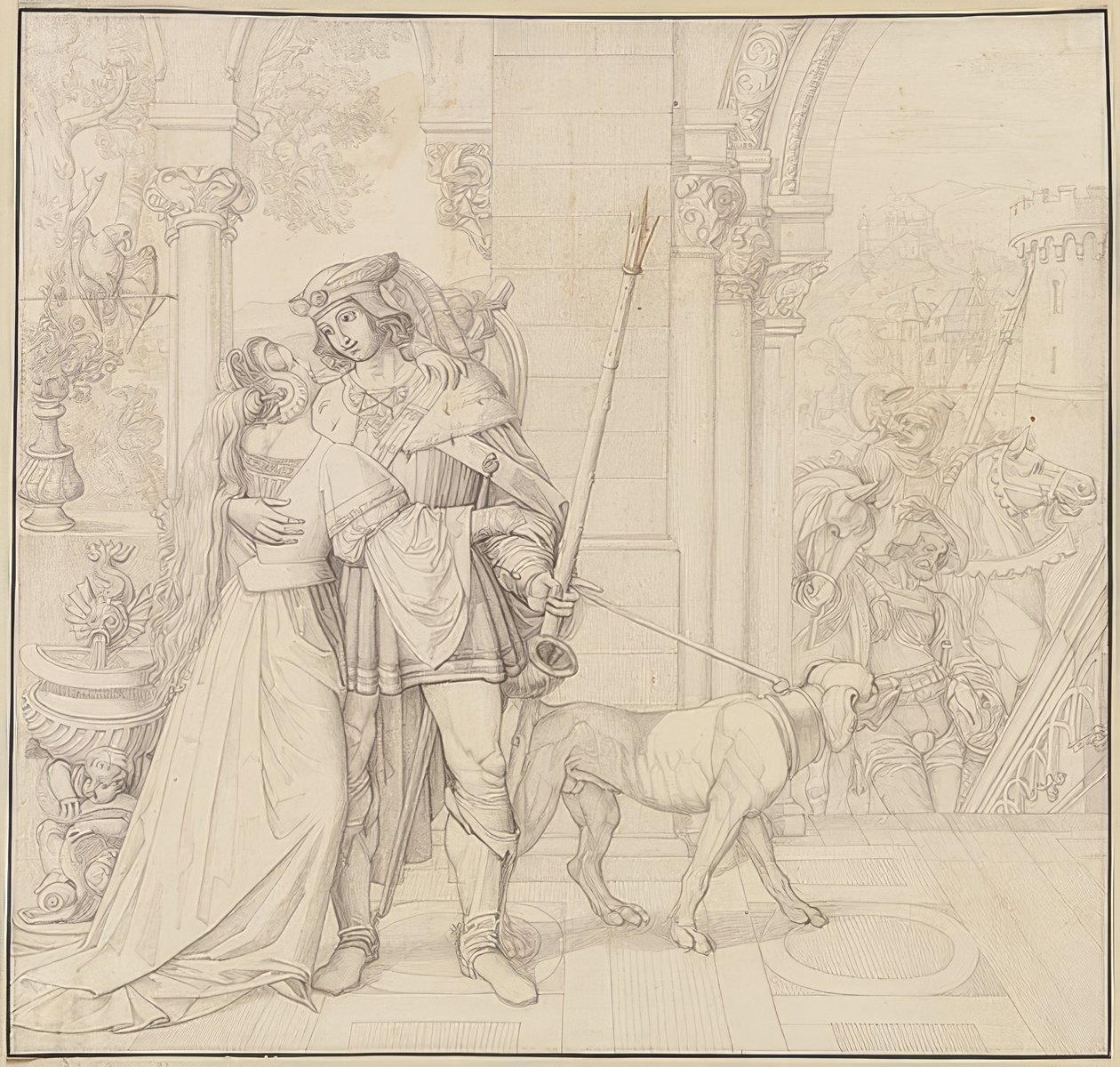 Sju teckningar på Nibelungarna: 4. Siegfried förberedde sig för jakten. 1812-17 av Peter von Cornelius