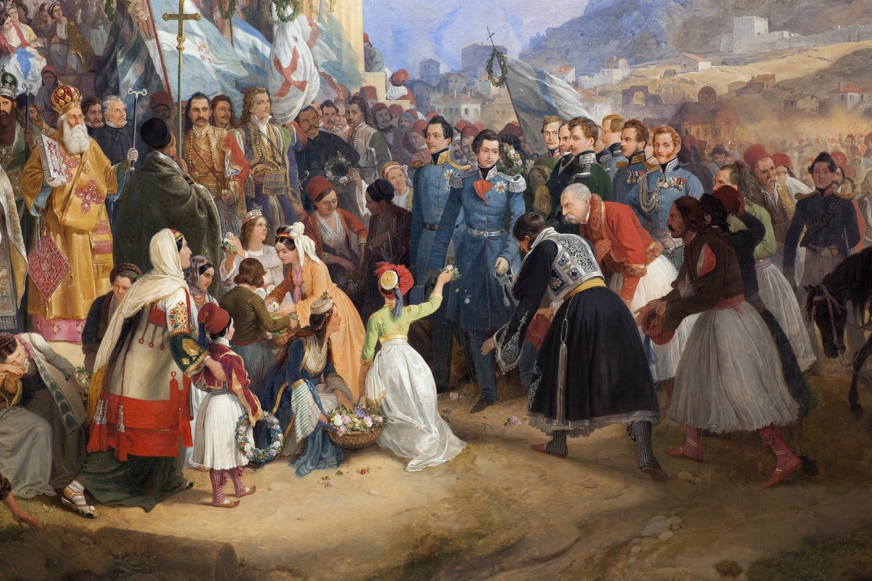 Kung Othon I av Grekland (1815-1876) inträde till Aten, välkomnad av folkmassan framför templet Hephaistos (Hephaisteion) (Hephaestus) eller Theseion på Agora (Grekland) av Peter von Hess