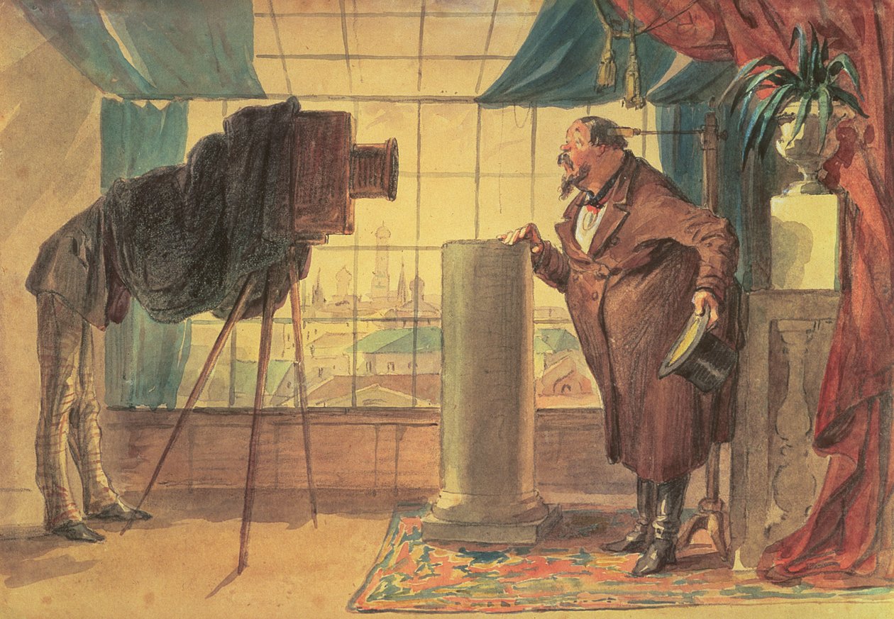 A Businessman at the Photographers Studio, 1860 (wc) av Petr Mikhailovich Shmelkov