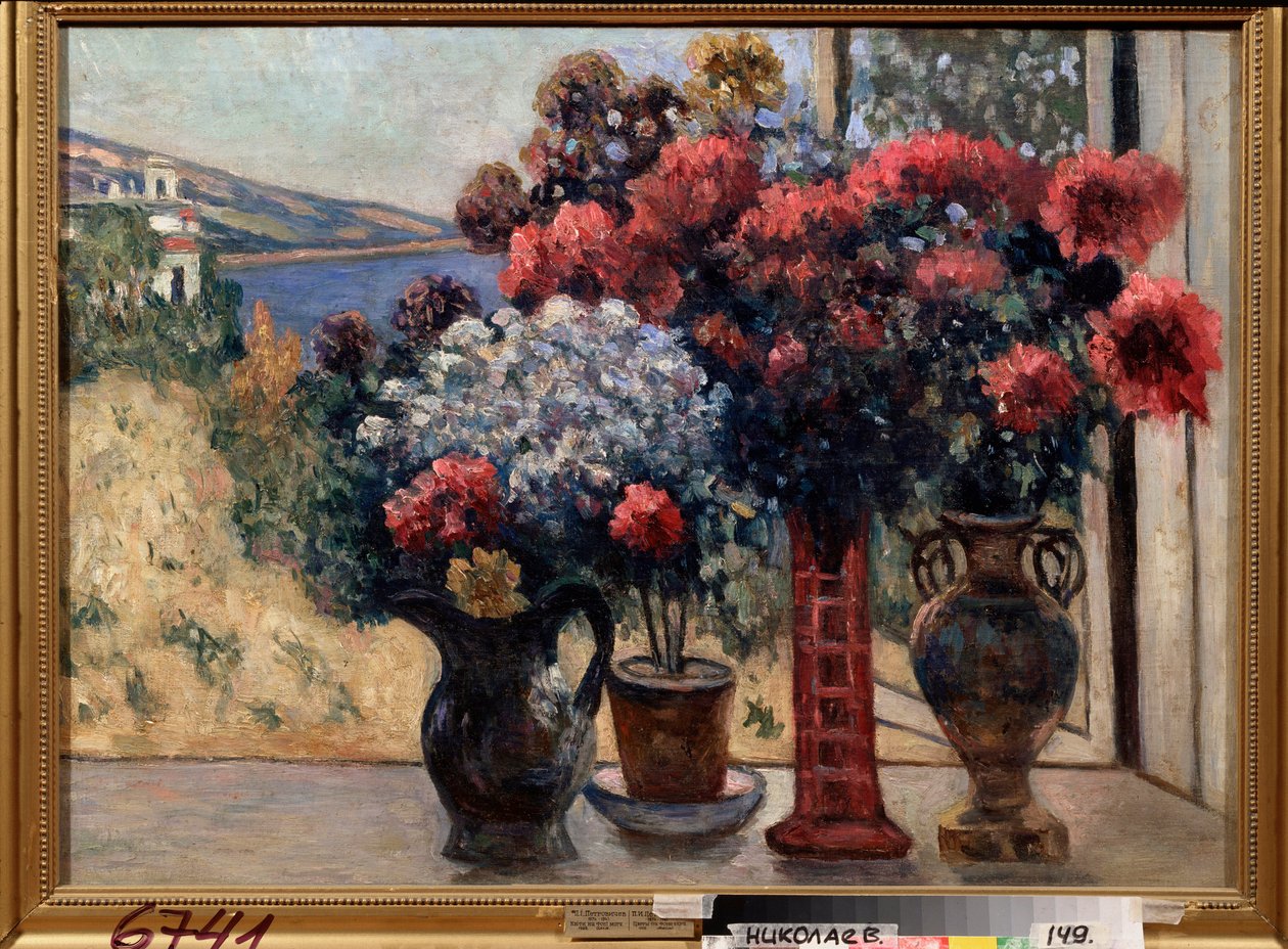 Blommor mot havet Målning av Pyotr Ivanovich Petrovichev (Pyotr Petrovichev) (1874-1947), olja på duk av Petr Ivanovic Petrovichev