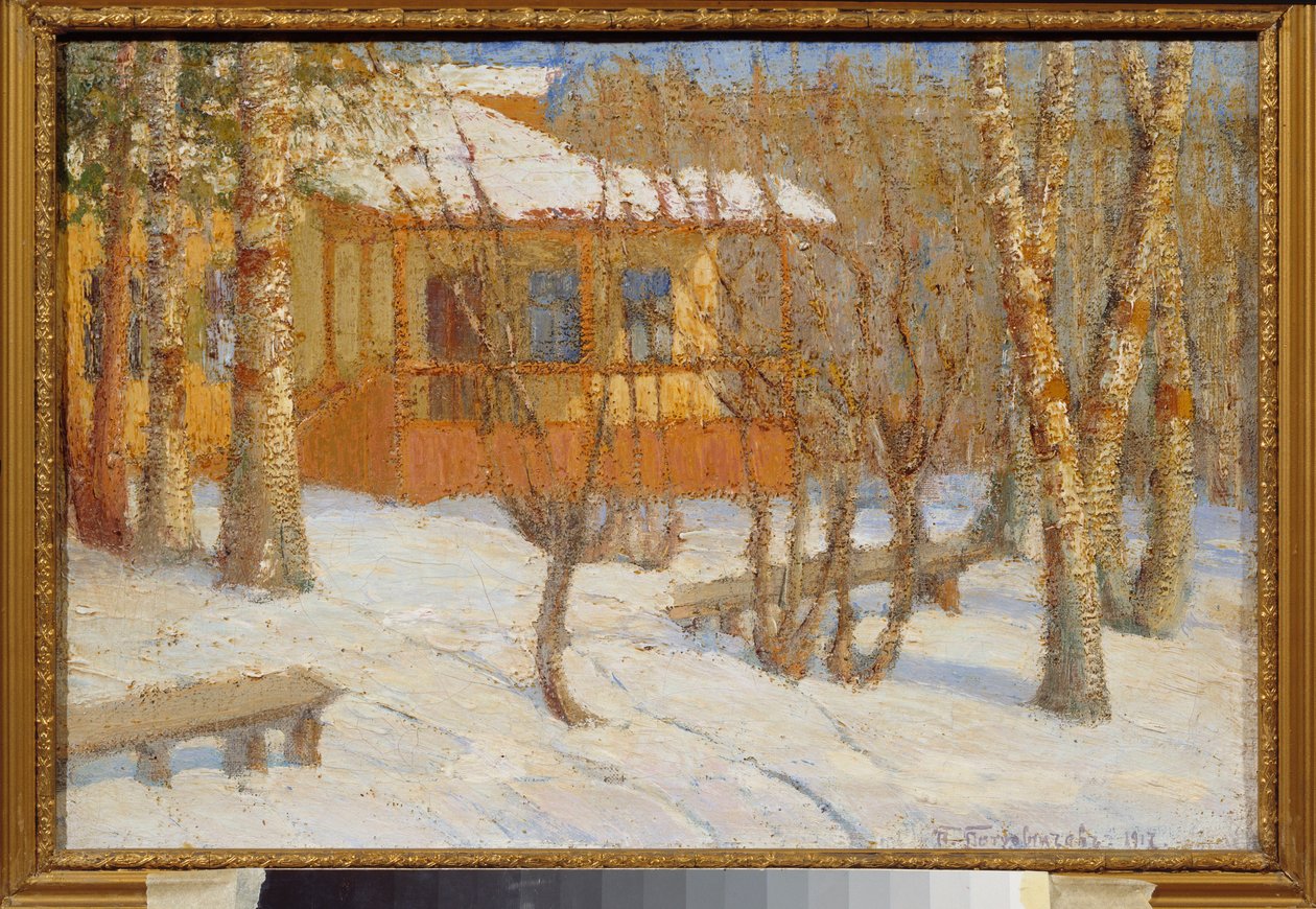Frost och sol. Målning av Pyotr Ivanovich Petrovichev (Pyotr Petrovichev) (1874-1947), olja på duk av Petr Ivanovic Petrovichev