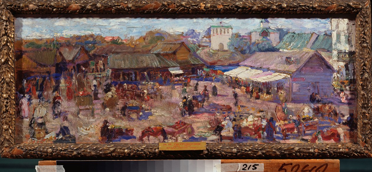 Marknaden i Pskov (Ryssland). Verk av Pyotr Ivanovich Petrovichev (Piotr Petrovichev) (1874-1947), olja på kartong av Petr Ivanovic Petrovichev