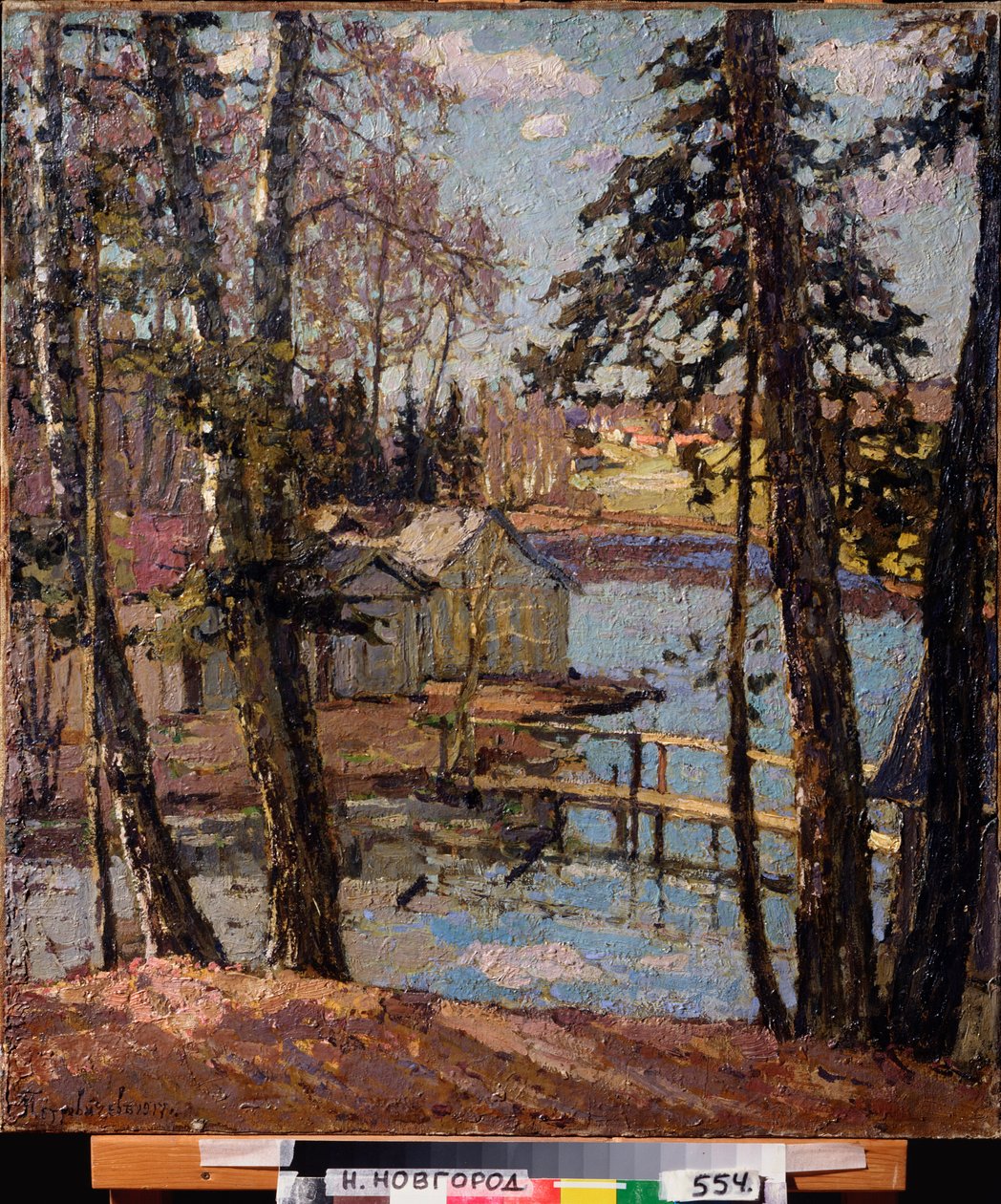 Vår. Vid en damm. Målning av Pyotr Ivanovich Petrovichev (Pyotr Petrovichev) (1874-1947), olja på duk av Petr Ivanovic Petrovichev