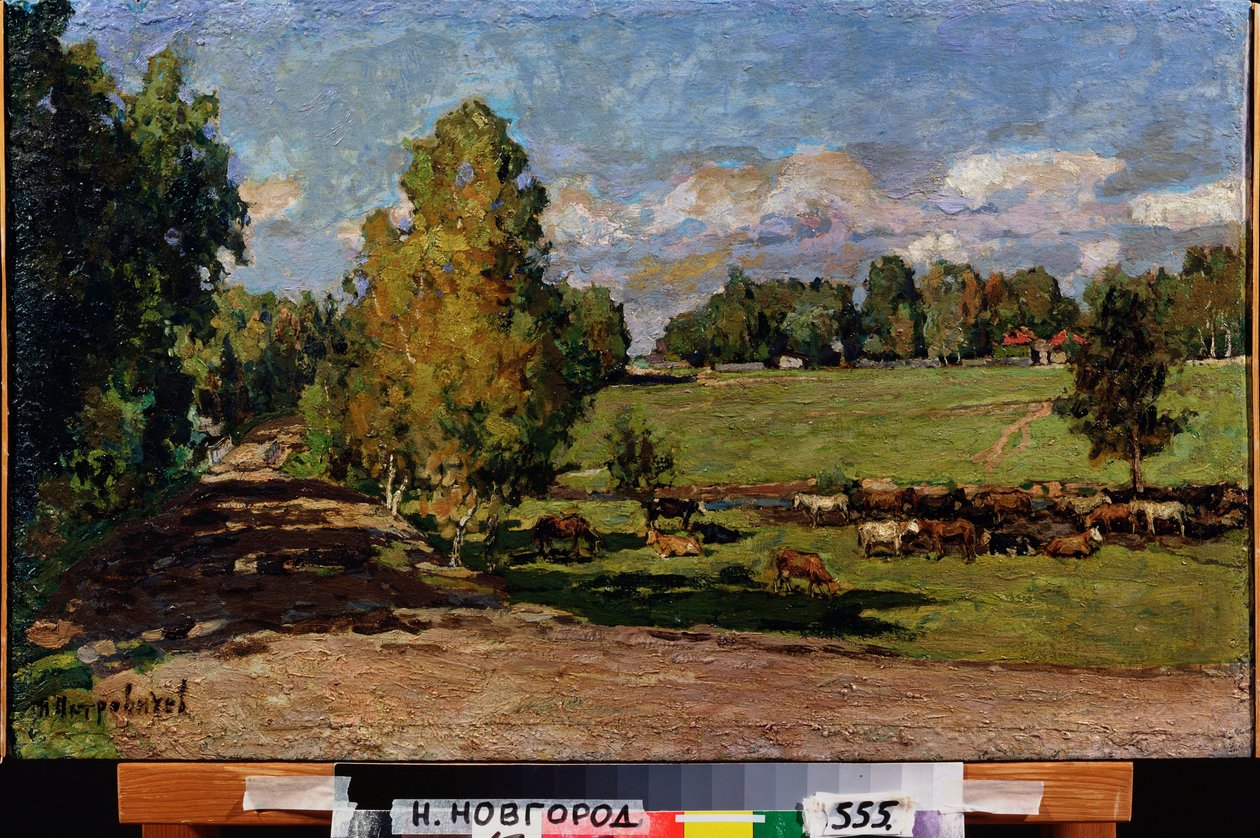 Vila på ängen. (Hjord av nötkreatur nära en bäck, korsar ett fält av betesmark). Verk av Pyotr Ivanovich Petrovichev (Piotr Petrovichev) (1874-1947), olja på kartong av Petr Ivanovic Petrovichev