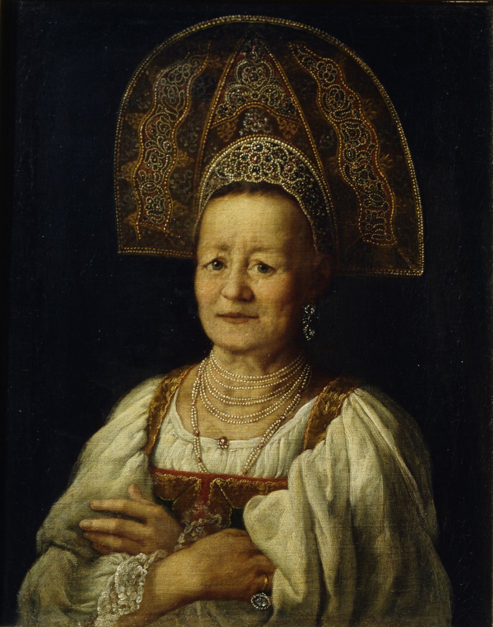 Porträtt av en köpman i Kokoshnik, 1796 av Petro Semyonovich Drozhdin