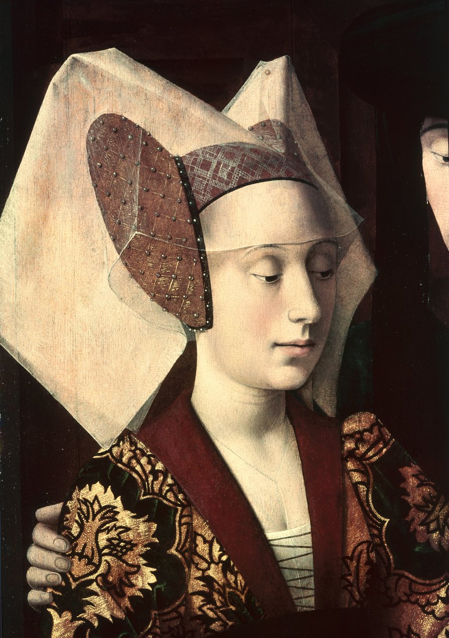 St. Eligius (ca 588-660) som guldsmed som visar en ring till det förlovade paret, detalj av fästmön, 1449 av Petrus Christus