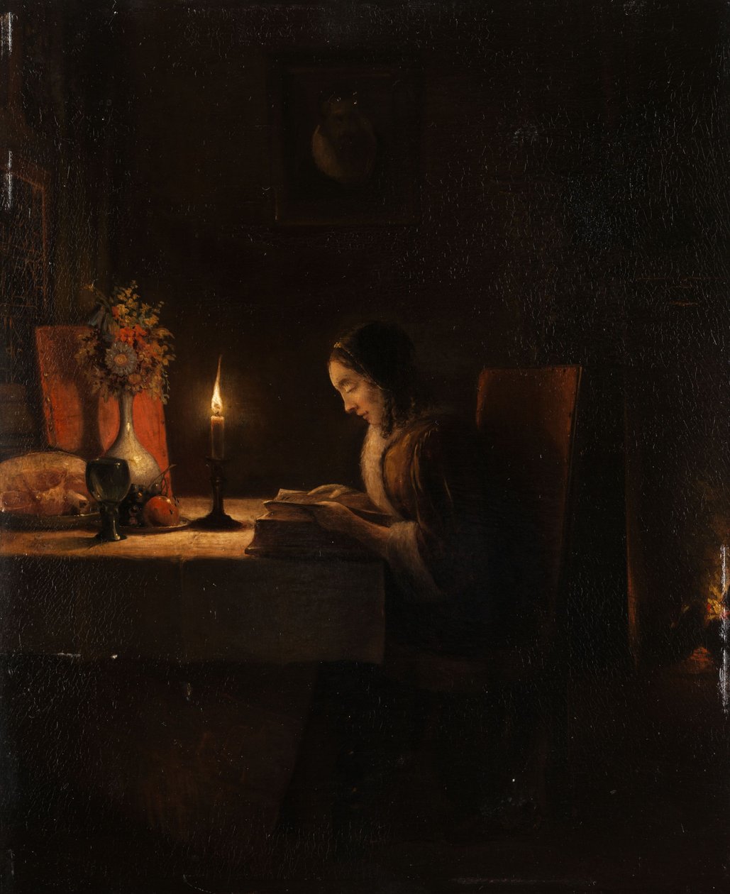 Läser med levande ljus av Petrus van Schendel