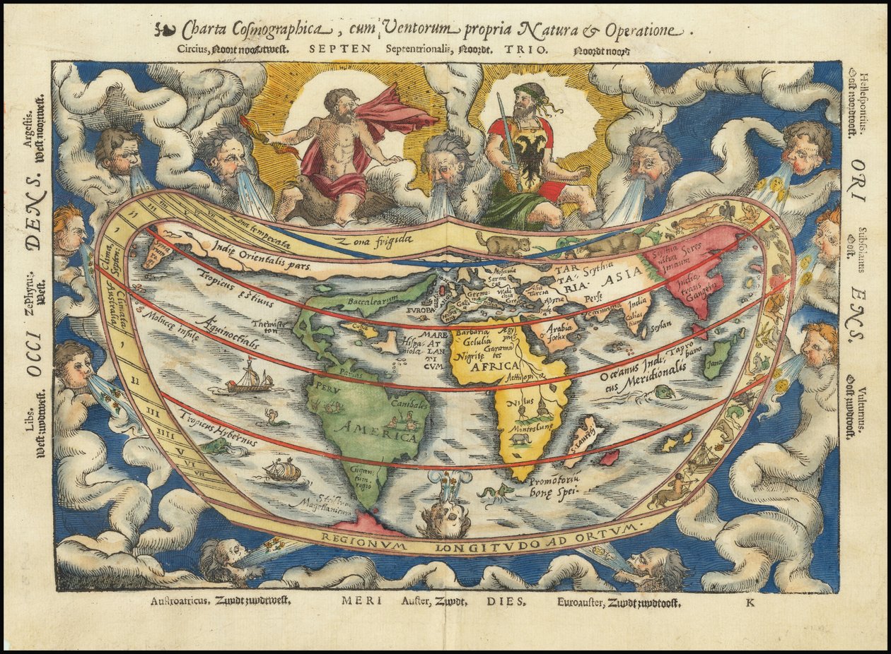 1553 karta - Charta Cosmographica, Cum Ventorum Propria Natura et Operatione av Petrus Apianus