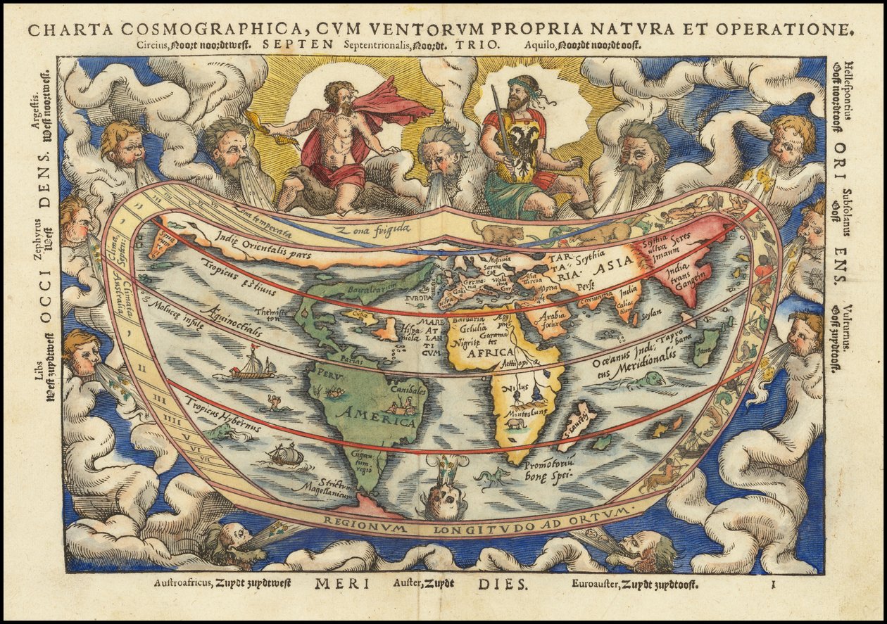 1553 års världskarta - Charta Cosmographica, Cum Ventorum Propria Natura et Operatione av Petrus Apianus
