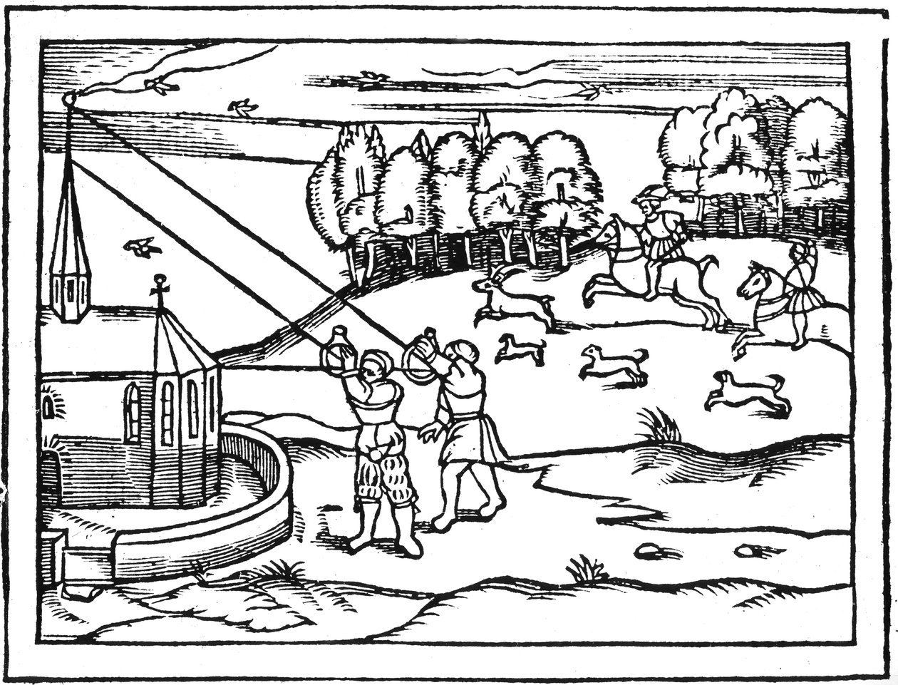 Använda astrolaber för att beräkna höjden på ett torn, 1539 av Petrus Apianus