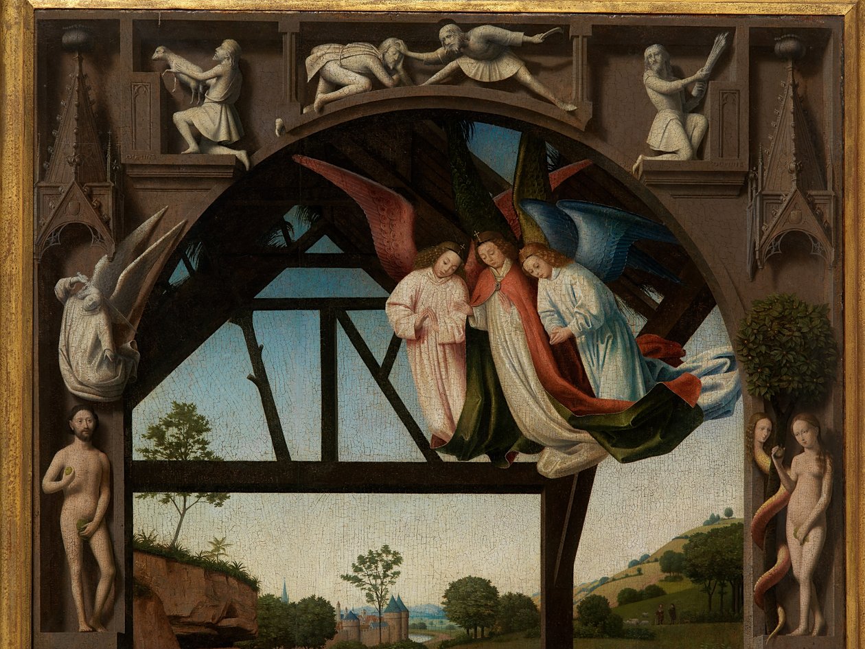 Detalj av tillbedjan av Kristus-barnet av Petrus Christus