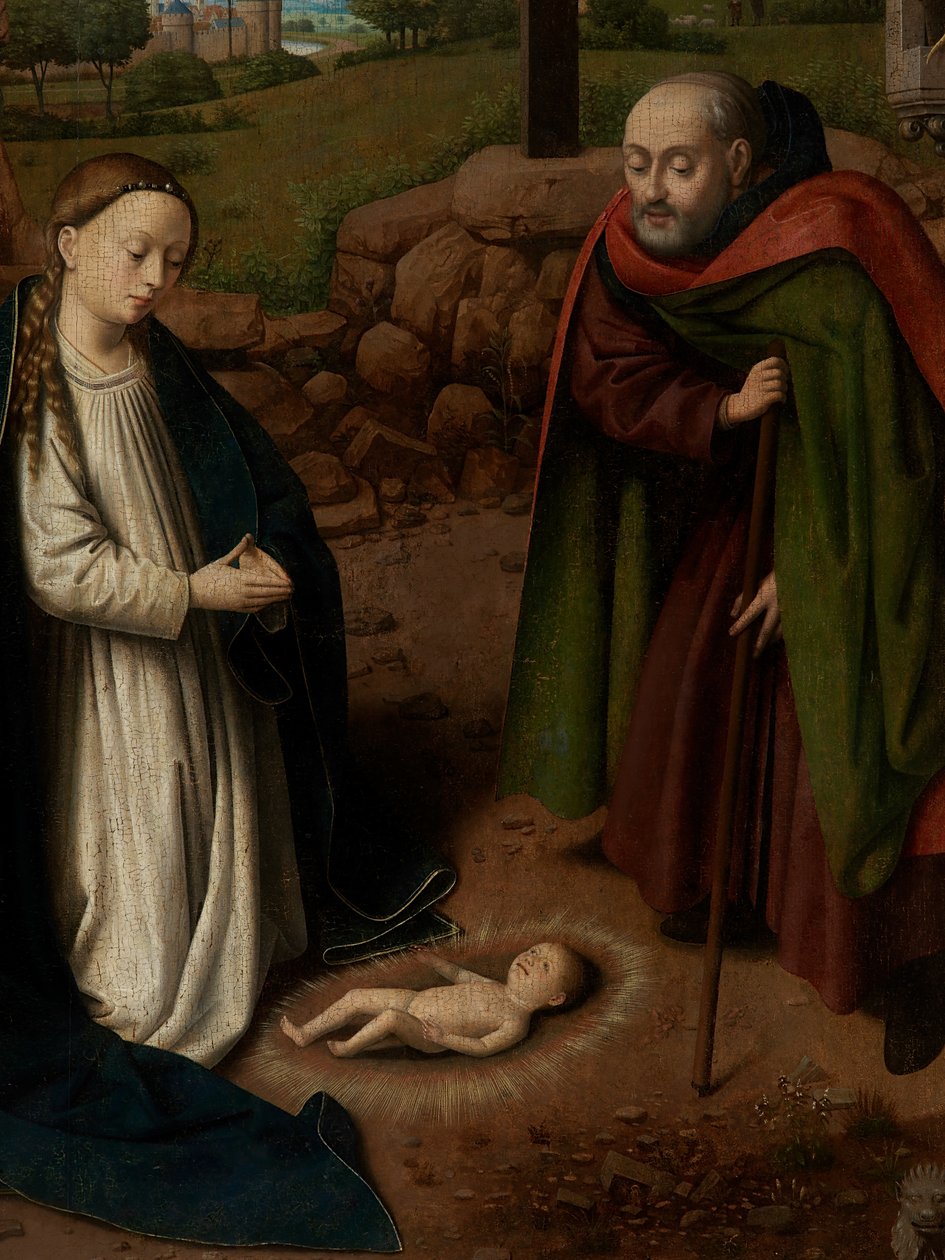 Detalj av tillbedjan av Kristus-barnet av Petrus Christus