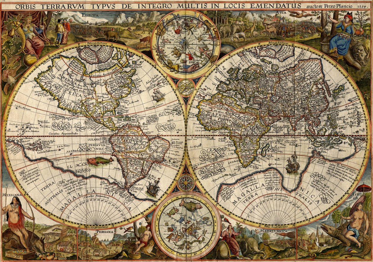 Orbis Terrarum Typus... (dubbel hemisfärisk världskarta) av Petrus & Doetichum Jan van younger Plancius