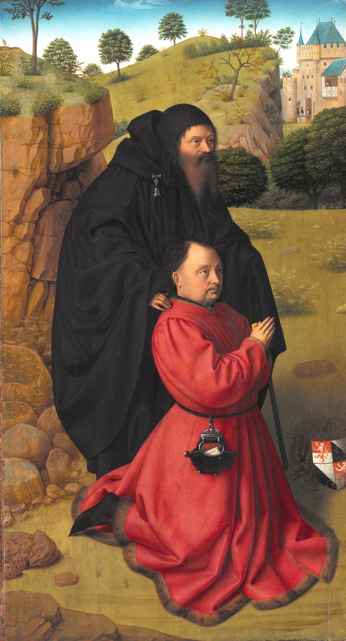 Altarpanel med ett porträtt av en donator i Scarlet under beskydd av St Anthony av Petrus I Christus
