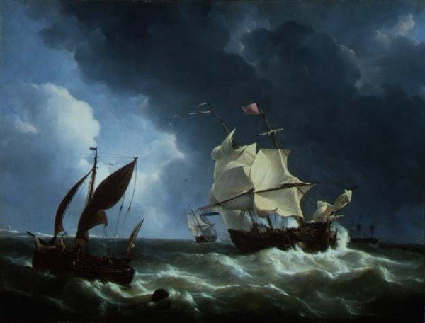 Holländsk fregatt som ankar i en storm (olja på panel) av Petrus Johann Schotel