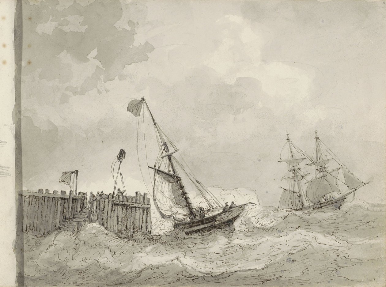 Två segelfartyg vid en förtöjning av Petrus Johannes Schotel (circle of)