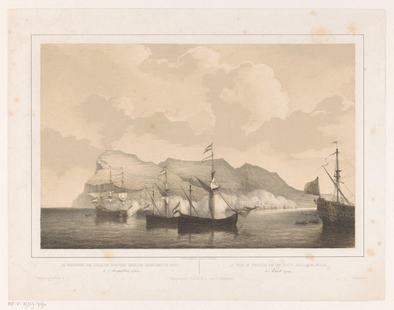 Erövringen av Gibraltar Erövringen av Gibraltar av den anglo-holländska flottan 3 augusti 1704 / La prize de Gibraltar par un flotte Anglo-Neerlandaise (titel på objektet) av Petrus Johannes Schotel