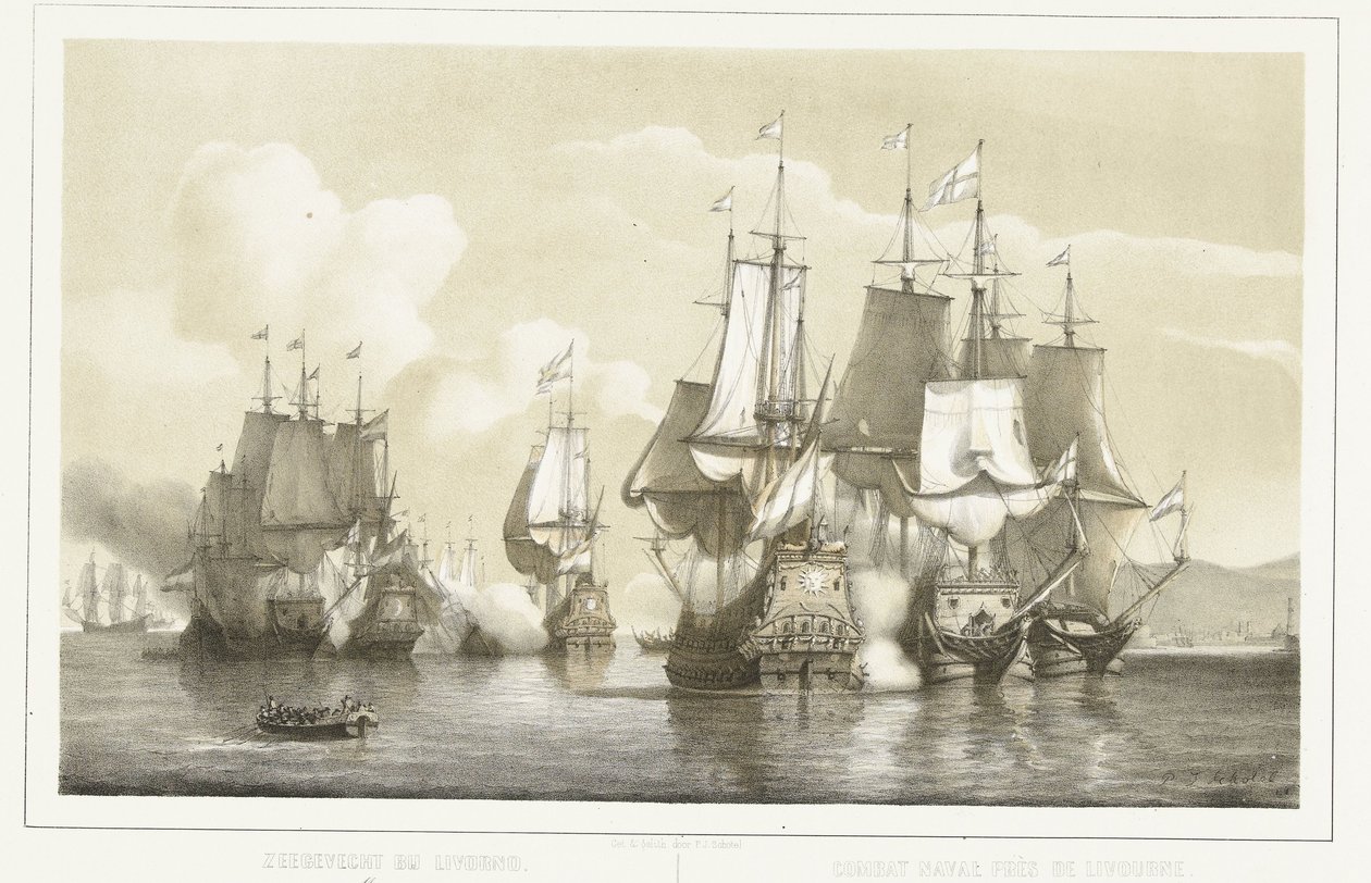 Sjöslaget vid Livorno, 1653 Sjöstrid vid Livorno. 14 mars 1653 / Combat naval près de Livourne. 14 mars 1653 (titel på objekt) av Petrus Johannes Schotel