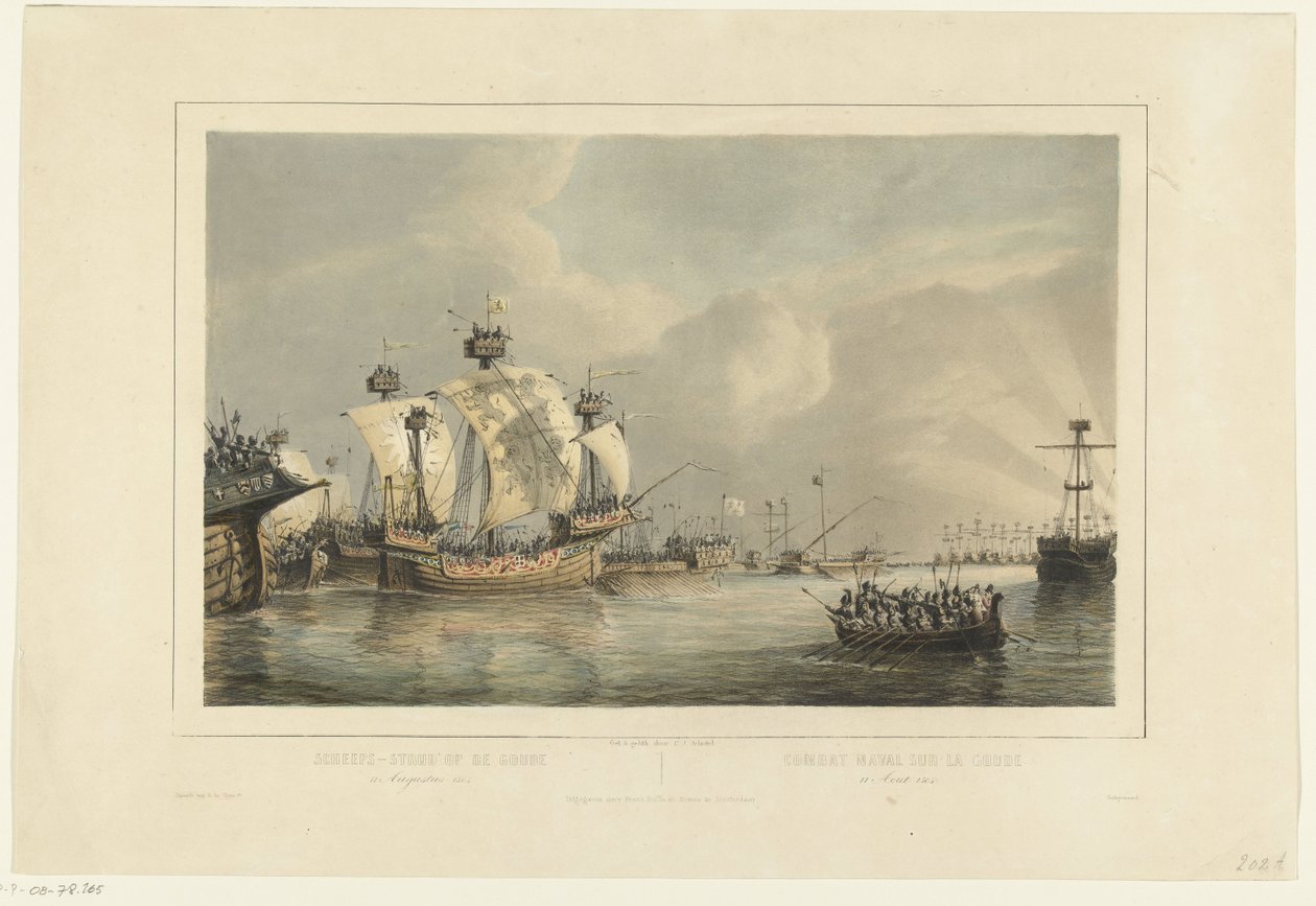Slaget vid Gouwe, 1304 Sjöstrid på Gouwe 11 augusti 1304 / Combat naval sur la Goude 11 Aout 1304 (titel på objekt) av Petrus Johannes Schotel
