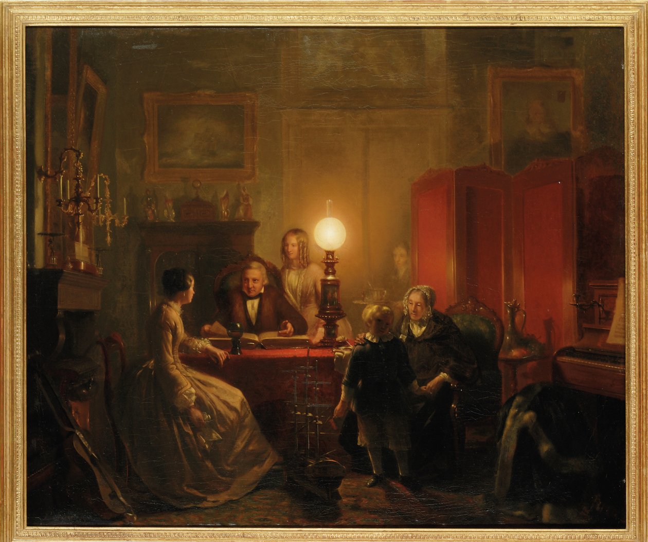En familj samlades runt ett lampupplyst bord, 1854 av Petrus Kiers