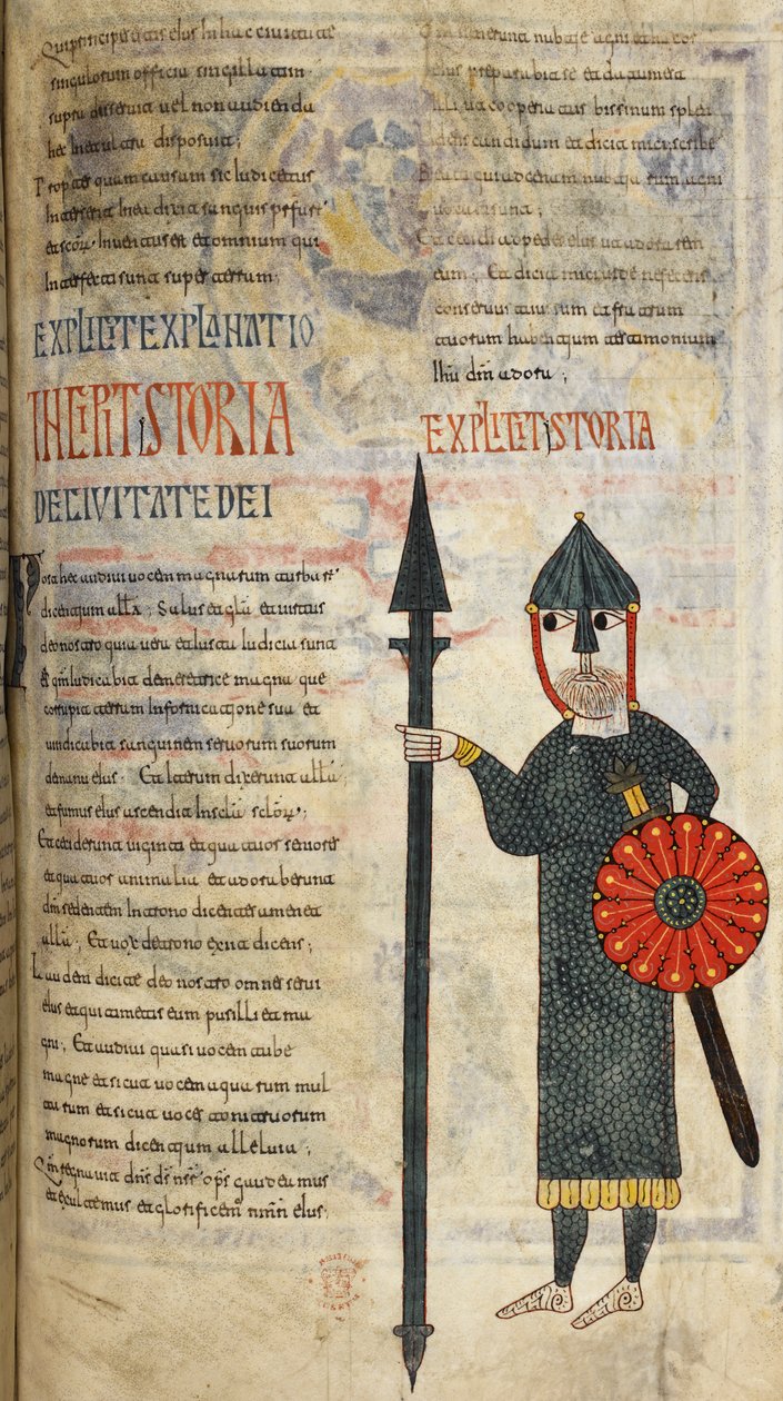 En västgotisk soldat klädd i knälång ringbrynja och leggings, illustration från 
