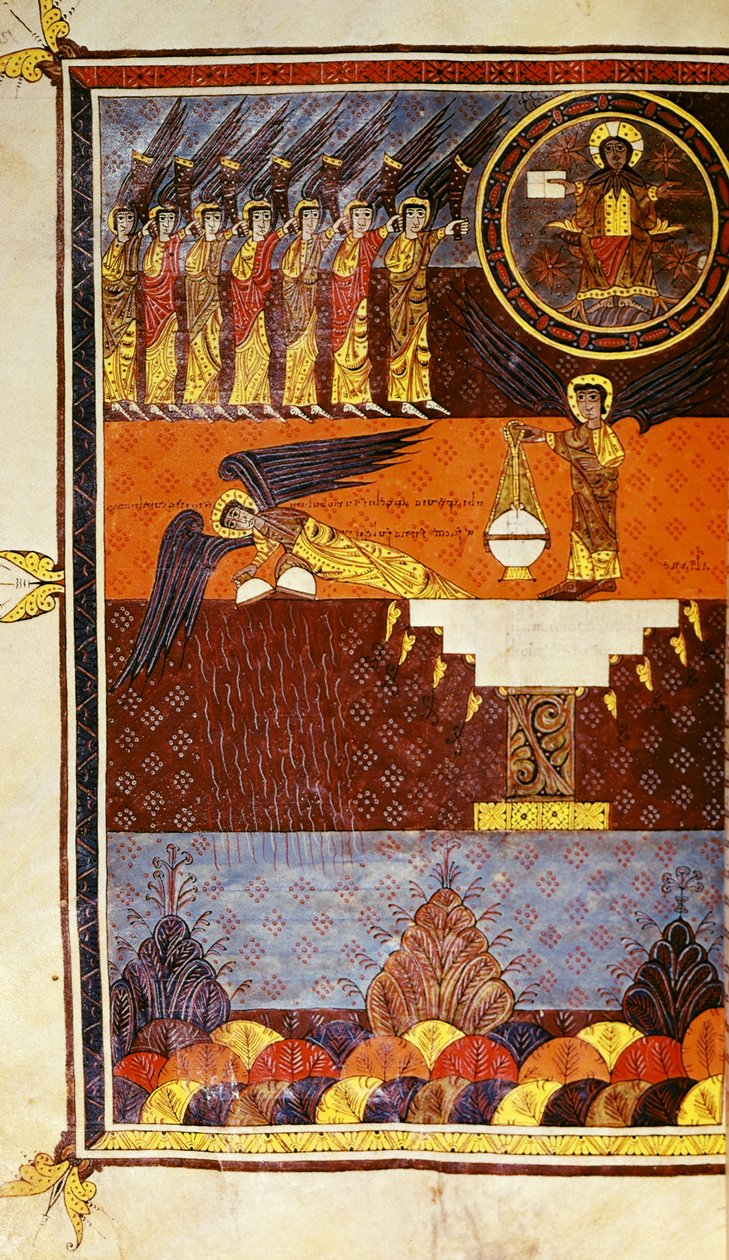 f.126 Sju änglar med trumpeter, från Beatus Apocalypse från Santo Domingo de Silos av Petrus Petrus
